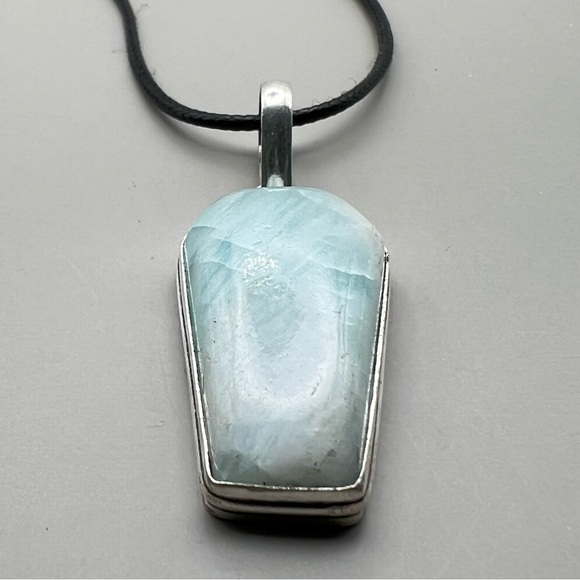 New Light Blue Hemimorphite Stone Coffin Shaped Silver Pendant Necklace w Cord - Picture 3 of 4